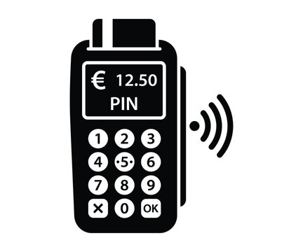 Black card payment terminal with PIN pad and wireless symbol on white 