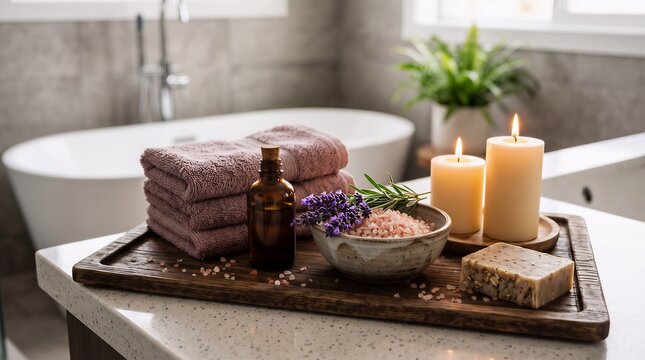 Natural spa wellness set featuring lavender herbs organic handcrafted soap pink mineral salt and essential oil bottle placed on wooden board beside two burning candles in bright bathroom.