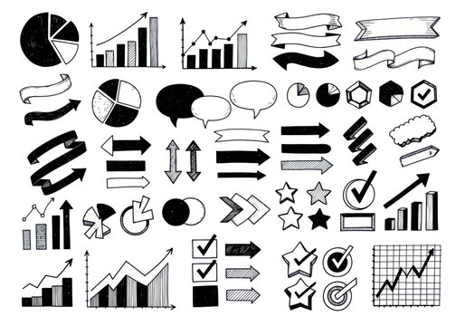 Hand drawn infographic elements set with charts arrows and speech bubbles.