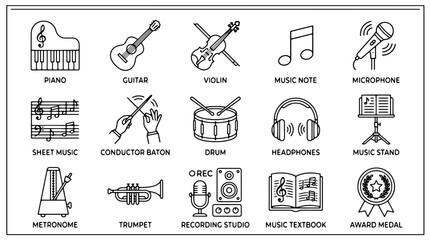 Music icons, vector set of 16 music symbols and instruments, black and white illustrations, audio equipment, musical notation © Rosie