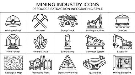 Mining industry icons, resource extraction symbols, infographic style, 25 mining elements © Rosie