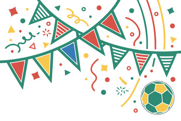 Obraz premium Colorful illustration of a soccer ball with festive flags and confetti on a white background for sports celebration and party decoration ideas