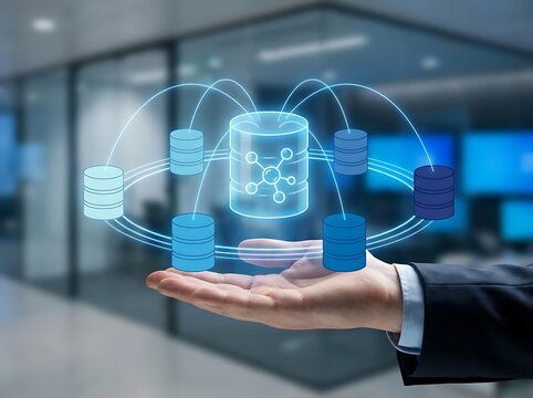 Business professional holding virtual server database network in modern office with database business hologram technology