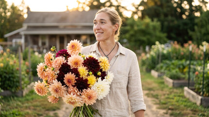 Fototapeta premium Proud female farmer holding large beautiful bouquet of fresh dahlias at sunset