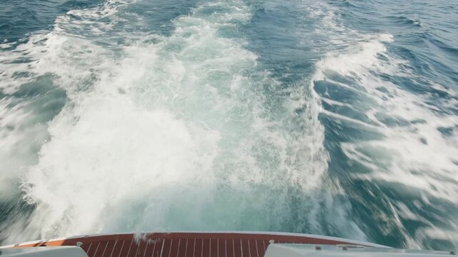 Powerful motorboat moving at high speed across the ocean, leaving a turbulent white wake behind its stern, creating a mesmerizing pattern of foam and waves on the turquoise water