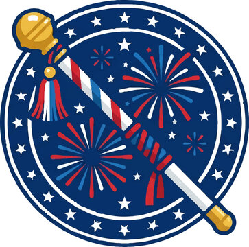 Drum major baton icon for parade celebration with fireworks