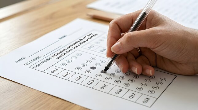 Focused student hand holding a black ink pen while carefully shading in a circular option bubble on a white paper standardized testing form during a quiet and important academic exam.
