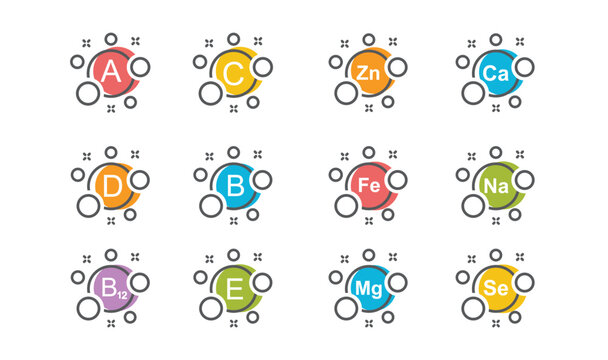 Vitamin B1, B, C, A, D, E, Ca, Zn, Mg, Se, Fe, Ca, vector. Set of Multi Vitamin, complex icons.
