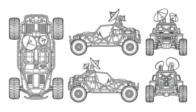Vector blueprint architectural drawing of off road buggy vehicle with antennas in multiple views front side top back.
