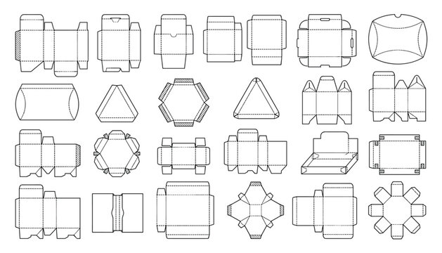 Vector set of 24 packaging box templates on transparent background, cardboard boxes unfolded.