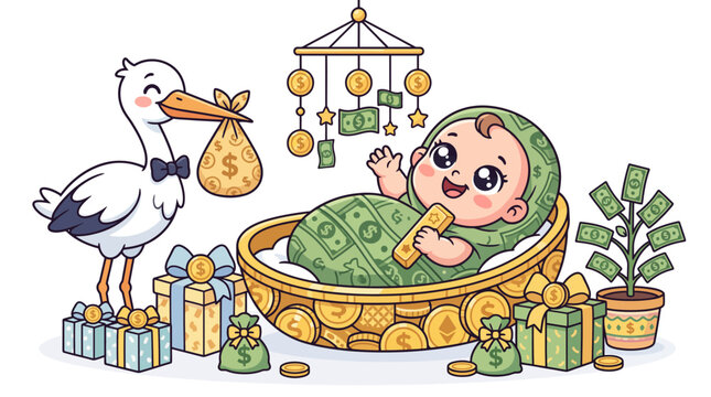 Cute Cartoon Baby Wrapped in Dollar Bills in Coin Cradle, Flat Vector Illustration, New Wealth Concept