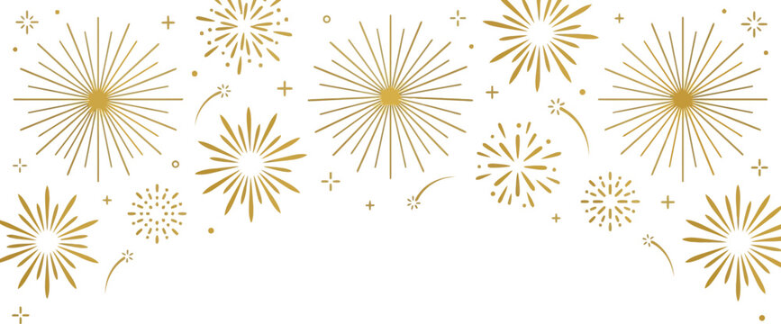 Fireworks bursts in gold arranged in a row provide a celebratory header for invitations and event cards.