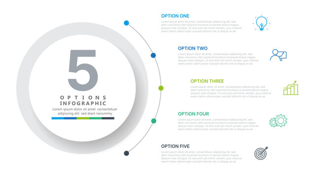 Five step business infographic template with circular timeline and modern option icons design