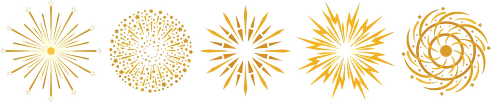 Starburst icons depict a set of five distinct golden firework designs isolated in a horizontal row on a white background.