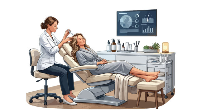 Professional trichologist performing hair and scalp treatment on female client.