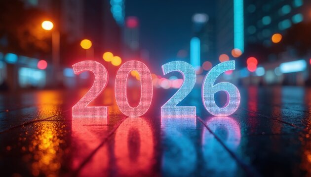 Neon numbers 2026 glow brightly on wet city street. Modern urban night background with bokeh lights reflects on pavement. Future awaits with new year.
