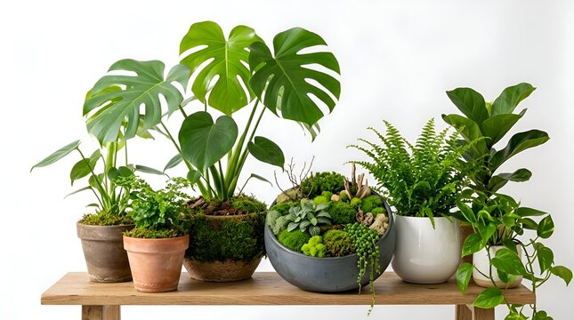 Collection of lush green indoor plants and terrarium on a wooden shelf