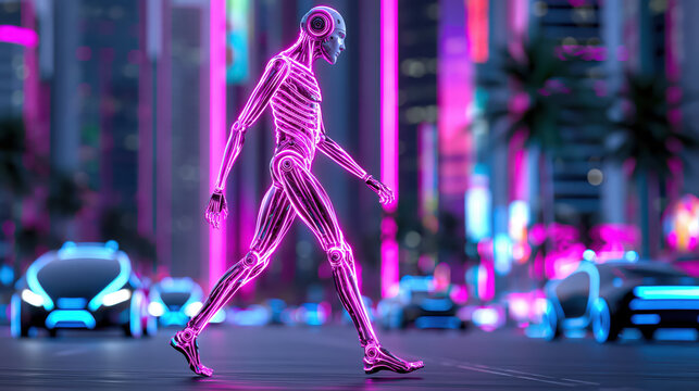 Futuristic neon robot walking in cyberpunk city street with glowing pink and blue lights