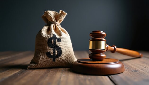 Money bag with dollar sign rests beside wooden judge gavel on table. Represents legal financial penalties, debt, or fines. Symbolizes justice, law, and court decisions on money matters.