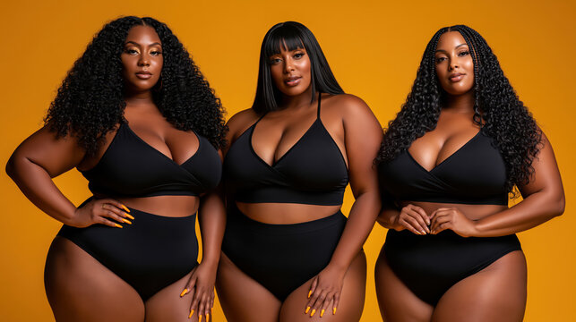 Curvy women posing in black bikini against orange background, confident plus size model group