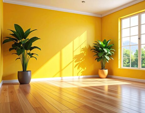 Bright yellow room with potted plants and sunlight streaming through window