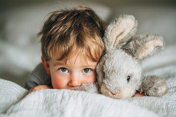 Naklejka premium A child smiles while holding a stuffed bunny close. He is lying on a soft white blanket in a warm indoor space. The boy enjoys his playtime with the toy, bringing joy to the moment