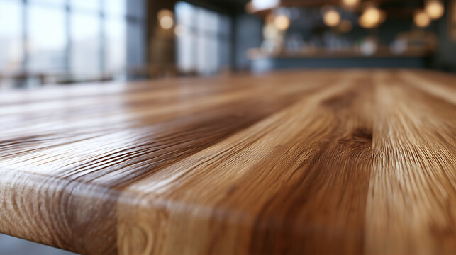 Empty wooden table top with blurred cafe background, low angle close-up for product display mock up, Generative AI