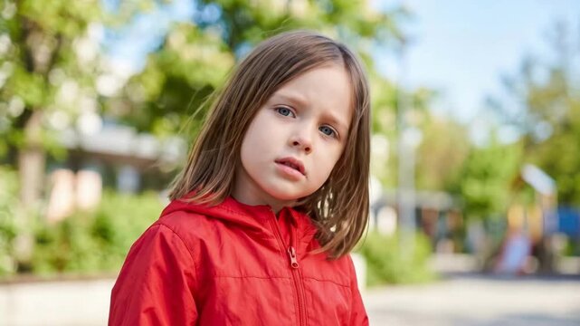 Young girl looking worried in park with green trees and playground. Awareness symbol for international missing children day. Child safety protection and search concept for emotional campaigns
