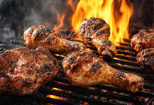 Grilled chicken legs with rosemary and vegetables on barbecue grill with flames