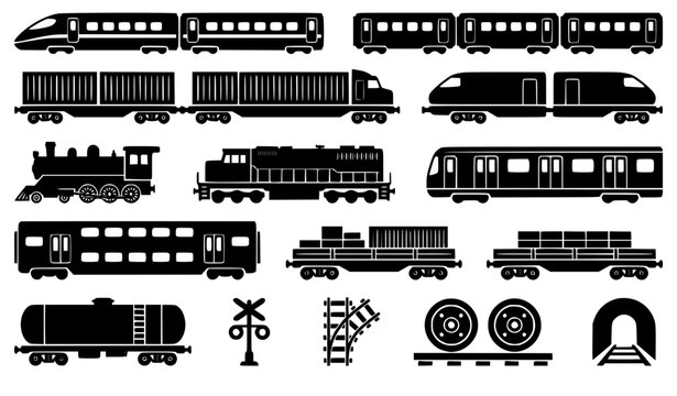 Railway transportation silhouettes icon set featuring high speed bullet trains passenger subways vintage steam locomotives cargo freight carriers oil tankers tracks and transit tunnels.