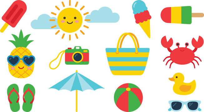  Cute summer beach vector icon set with kawaii sun pineapple sunglasses ice cream popsicle camera beach bag crab umbrella flip flops and vacation design elements