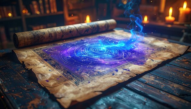 Mystical Ancient Scroll with Blue Magic.