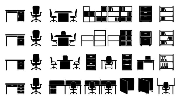 Corporate office furniture silhouettes icon collection featuring adjustable executive desks, ergonomic rolling armchairs, meeting conference tables, filing cabinets, and modular cubicle workstations.