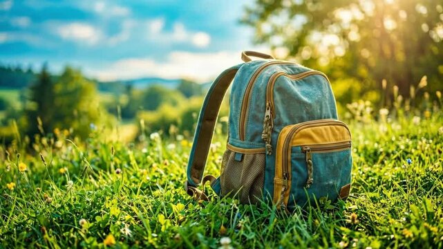 Childs backpack left on green meadow with wildflowers under sunny blue sky. Symbol of lost child in nature. International day of missing children awareness and search concept for safety campaigns