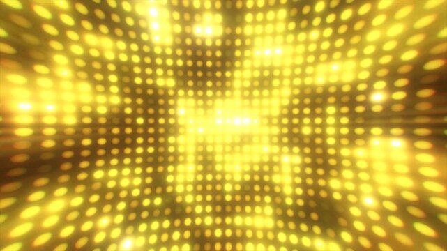 Bright golden yellow LED lights flashing with glowing rays. Perfect shiny glamour background for awards, disco or show.