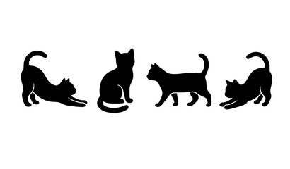 Domestic pet cat silhouettes vector icon collection featuring various feline body positions including stretching, sitting, stalking, and walking black animal shapes. © MdIbrahimIslam