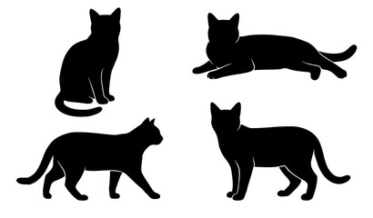 Domestic pet cat silhouettes vector icon collection featuring various feline body poses including sitting, lying down, walking, and standing black animal shapes. © MdIbrahimIslam