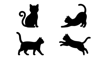 Domestic pet cat silhouettes vector icon collection featuring various active feline body positions including sitting, stretching, walking, and running black animal shapes. © MdIbrahimIslam
