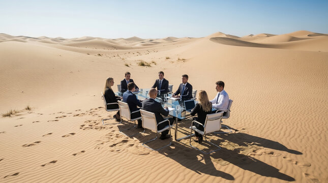 Corporate team having a meeting at a glass table in a barren desert landscape, symbolizing business resilience and strategy in a dry market.