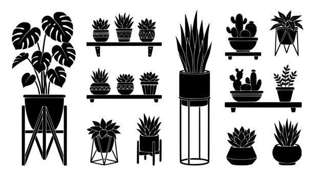 Potted houseplant silhouettes icon collection featuring tall monstera deliciosa, wooden wall shelves with mini cactus varieties, snake plants, and indoor garden greenery elements.