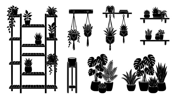 Potted houseplant silhouettes icon set featuring indoor wooden shelves, hanging macrame planters, monstera monstera deliciosa, tropical snake plants, and home garden greenery.
