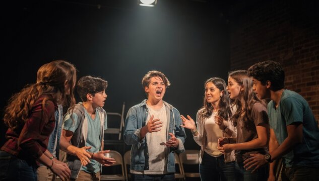 Teen actors in casual clothes perform an intense improv scene on a small rehearsal stage spotlight highlighting their expressions with the background softly blurred.