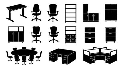 Corporate office furniture silhouettes icon collection featuring adjustable desks, executive armchairs, conference tables, filing cabinets, storage bookshelves, and modular workspace cubicles. © MdIbrahimIslam