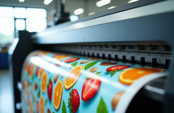 Large printing machine produces colorful material with fruit design. Industrial printer creates banner for advertising or decor. High tech equipment in factory creates vibrant graphics.