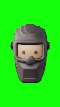 welding mask 3D cartoon animated on green screen background, vertical video
