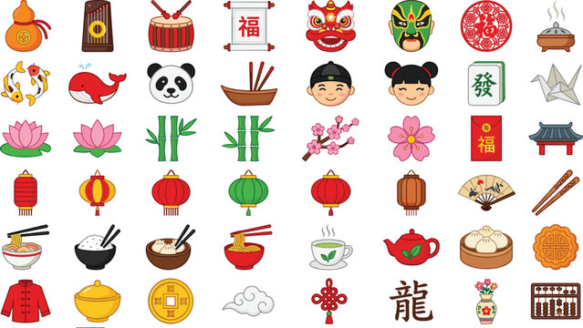 Chinese culture and traditional lunar festival icon set vector featuring lion dance mask panda paper lantern mooncake teapot noodle dim sum and gold coin design elements.