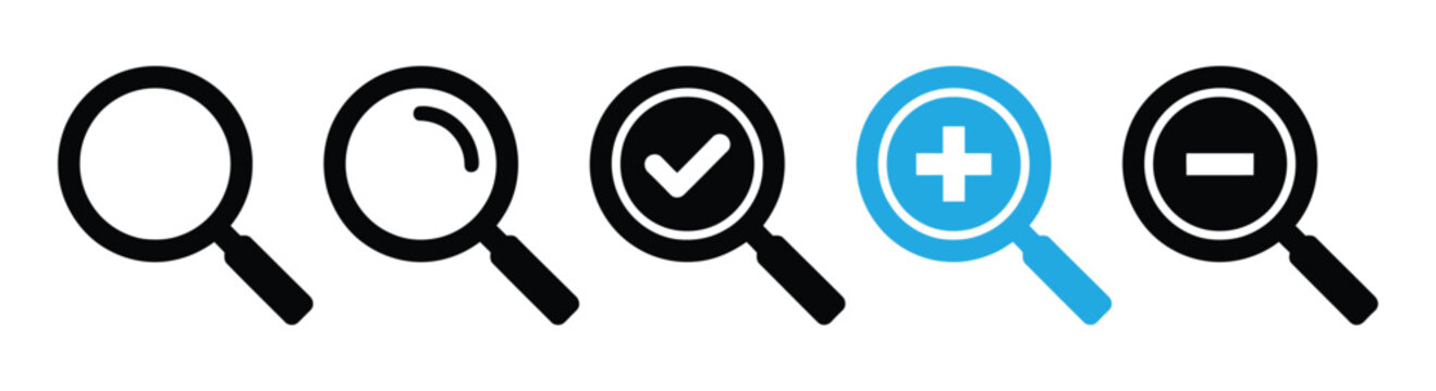 Magnifying glass simple icon collection. Search icon set, zoom in and zoom out icons. Magnifier or loupe with check mark sign. Vector illustration.