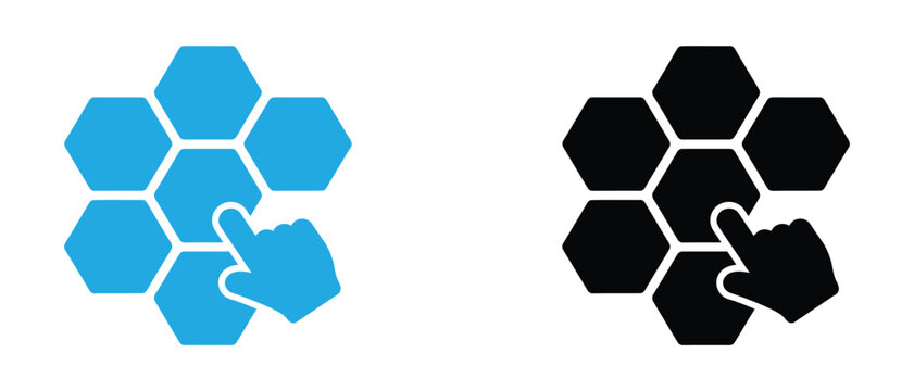 Assembling puzzle pieces, creative design concept. Hexagon puzzle piece icon with hand cursor in blue and black vector illustration.