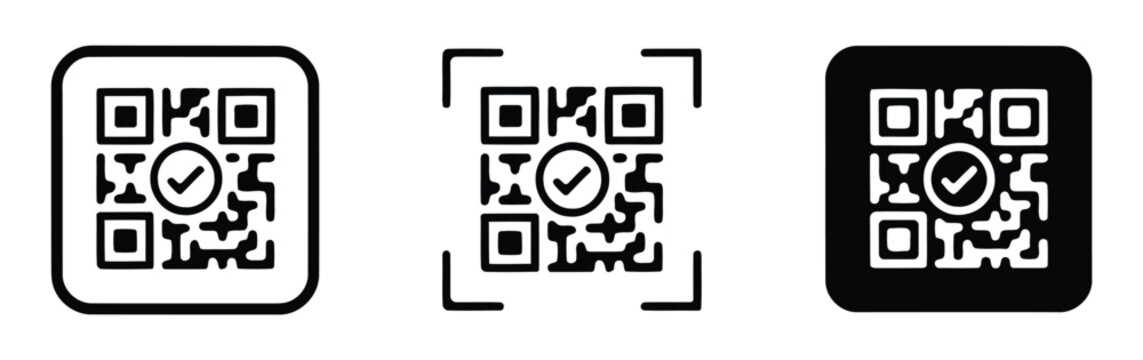 Digital QR code icon featuring a prominent black checkmark symbol inside a circle to indicate successful scanning or verification.