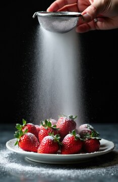 Ripe red strawberries are dusted with powdered sugar from a sieve. The dessert sits on a plate, creating a sweet, rich food display against a dark background.